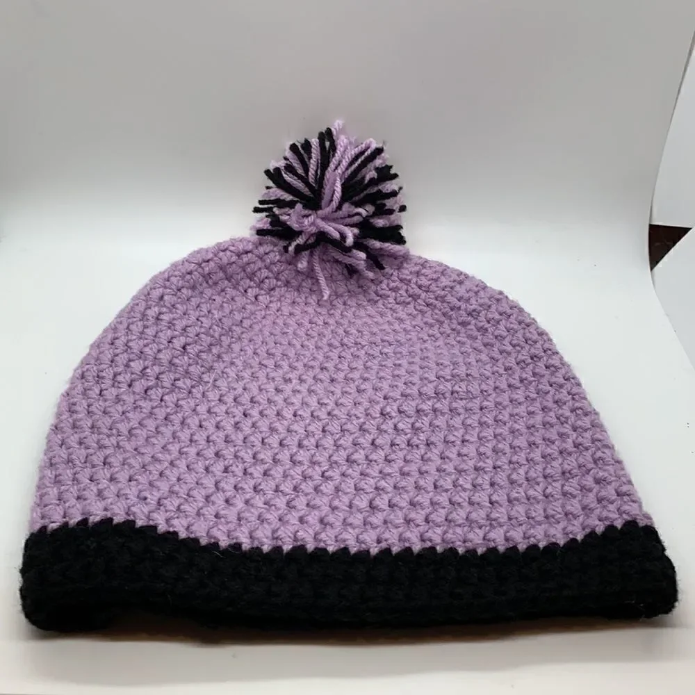 Hand made purple and black beanie cap tassel hat